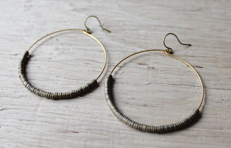 Hoop Earrings, Gold Hoop Earrings, Large Gold Plated Hoops with Bronze Beads, Gold Hoop Earrings image 2