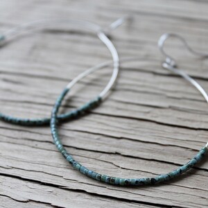 Turquoise Seed Bead Hoop Earrings, Large Silver Plated Earrings