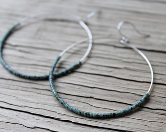 Turquoise Seed Bead Hoop Earrings, Large Silver Plated Earrings