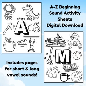 以下が含まれることがあります： A-Z Beginning Sound Activity Sheetsの白黒デジタルダウンロード。シートには、宇宙飛行士、ワニ、斧、リンゴ、オートバイなど、オブジェクトと文字のイラストが含まれています。テキストには「Includes pages for short & long vowel sounds!」が含まれています。