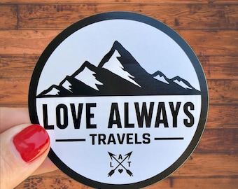 Love Always Travels Waterproof Vinyl 3" Sticker, Travel Sticker, Wanderlust Sticker, Water Bottle Sticker, Laptop Sticker