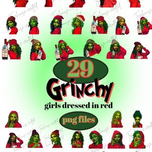 Arte digital festivo con una chica del Grinch verde glamorosa en rojo - Imprimible