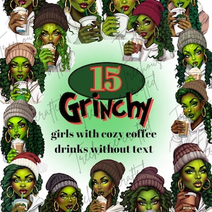 Arte digital festivo de chicas de vacaciones con el Grinch verde glamoroso - Imprimible