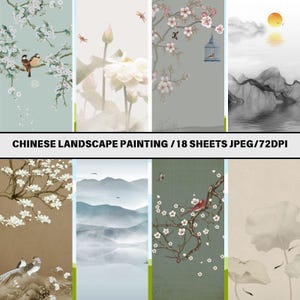18 dipinti in stile cinese asiatico, sfondo paesaggio cinese, carta digitale, arte cinese vintage senza soluzione di continuità, download immediato