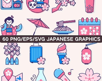 Japan Sakura Clipart Bundle Japanese Clipart Travel Stickers Kawaii Japan Graphics Food Icons Cherry Blossom Transparent 60 PNG/EPS/SVG