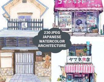 Imágenes prediseñadas de arquitectura japonesa en acuarela, pueblo acogedor (230 JPEG)