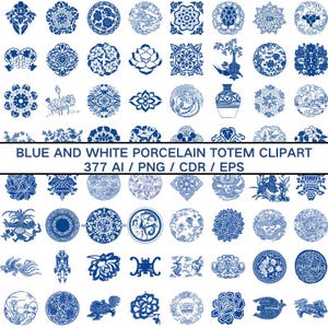 377 Chinese Traditional Totem Blue and White Porcelain Flowers Digital Clipart Blue Floral Pattern Printable Scrapbook AI/PNG/EPS/Cdr