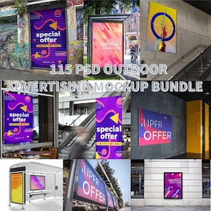 115 Outdoor Advertising Mockup Bundle | Billboard, Bus Stop, Wall, Mall & Cafe Poster Outdoor Banner Mockup PSD Templates