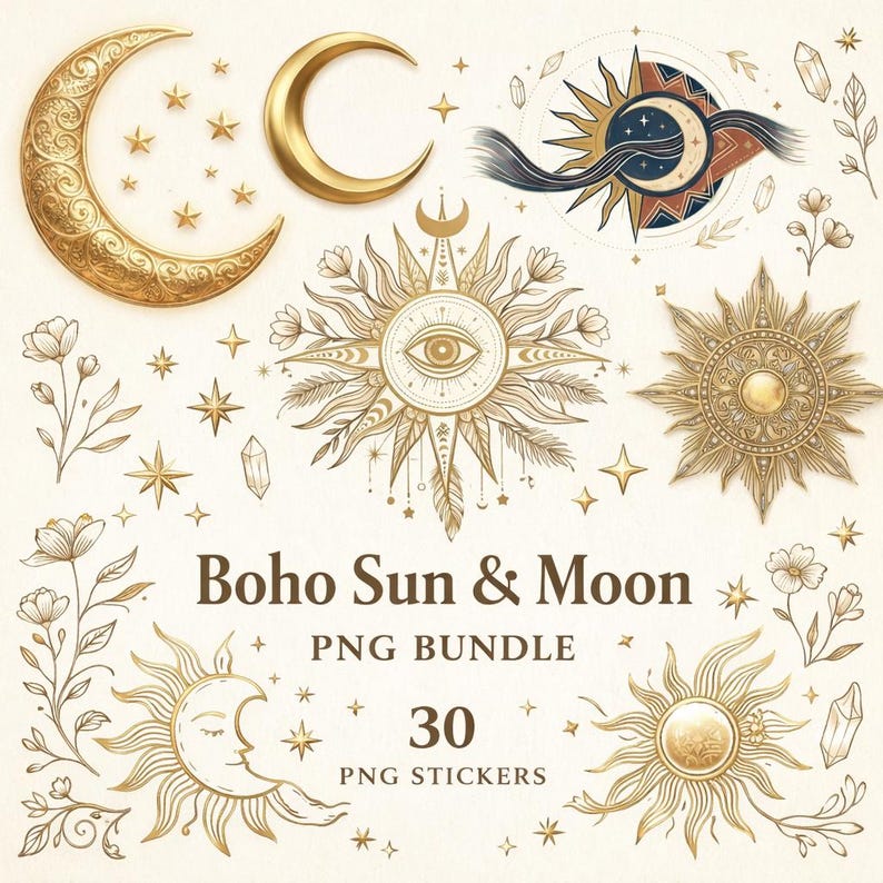Boho Sun Moon PNG Bundle, Celestial Line Art Stickers (digital Download ...