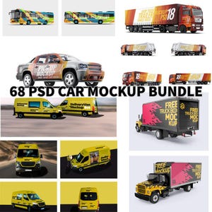 May include: A collection of vehicle mockups, including buses, trucks, and vans. The image features a variety of designs, with some vehicles displaying colorful patterns and others showcasing advertising space. Text on the image reads "68 PSD CAR MOCKUP BUNDLE."