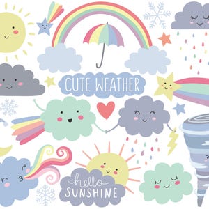 Cute Weather Clip Art Kawaii Weather Clipart Digital Sticker illustration cartoon rainbow sun clipart cloud clipart 30 PNG