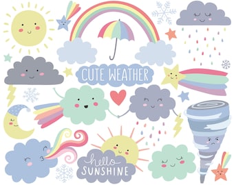 Cute Kawaii Weather Clipart: Rainbow, Sun, Clouds (30 PNG) (Digital Download)
