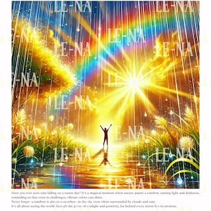 Puede incluir: Un arcoíris colorido se arquea sobre un cielo amarillo brillante con una sola persona de pie en un cuerpo de agua. El sol brilla intensamente detrás de la persona, proyectando rayos de luz. La imagen es una representación de esperanza y optimismo.