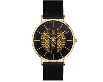 DiwaKi Kente print Unisex Watch – Black Gold Stainless Steel, Japanese Quartz Timepiece