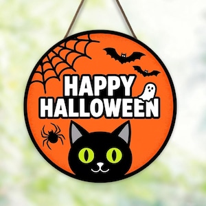 Adorno de puerta de gato negro para Halloween, letrero de bienvenida espeluznante