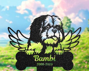 Placa conmemorativa personalizada para Shih Tzu, alas de ángel, lápida metálica para mascotas