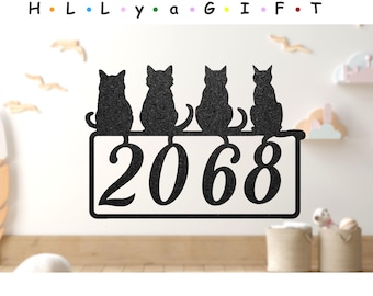 Custom Cat Address Plaque, Metal House Number Sign, Porch Decor