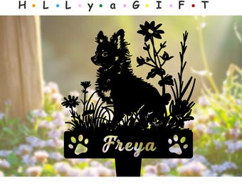 Long Haired Chihuahua Memorial Garden Stake, Personalized Chihuahua Grave Marker, Floral Dog Metal Sign, Outdoor Yard Art, Pet Loss Gift