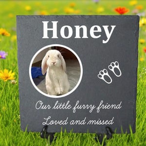 Może przedstawiać: Kwadratowa, ciemnoszara tablica pamiątkowa z łupków z białym napisem "Honey". W centrum znajduje się okrągłe zdjęcie białego królika. Białe odciski łap i tekst "Our little furry friend Loved and missed" są również widoczne.