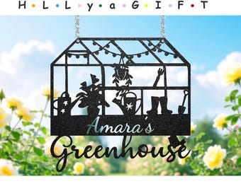 May include: Black metal sign featuring a silhouette of a greenhouse with plants, watering cans, boots, and gardening tools. The sign reads "Amara's Greenhouse" in a decorative font.