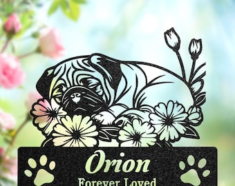Placa Memorial Personalizada para Pug, Marcador de Túmulo Personalizado para Cães, Presente Floral para Perda de Animal de Estimação