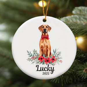 Puede incluir: Adorno navideño redondo de cerámica blanca con un perro marrón con pajarita roja, rodeado de flores rojas y vegetación. La palabra "Lucky" y el año "2025" están impresas debajo. Se adjunta una cuerda dorada para colgar.