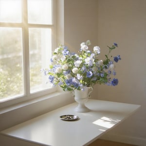 Artificial Blue and White Flower Bouquet – Faux Silk Floral Arrangement for Living Room, Bedroom, Balcony, Wedding Centerpiece & Home Decor