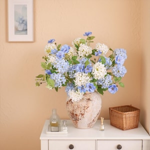 Artificial Blue & White Hydrangea Bouquet, Realistic Faux Flowers for Home Decor, Wedding Centerpieces, Table Display, artificial decoration
