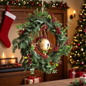 Berry Artificial Christmas Decoration Set – Faux Holly Berry Bush, Potted Plant, Wreath & Handheld Bouquet with Festive Trinkets