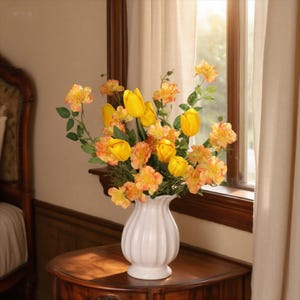 Springtime Charm! Artificial Yellow Tulip and Rose Bouquet, 40cm Tall – Faux Floral Arrangement for Home, Office & Dining Table Décor