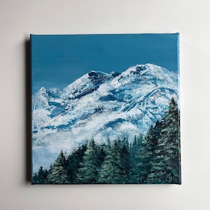Snowy Mountain Landscape Acrylic Painting | Winter Forest Wall Art | Original Mini Canvas Painting 20 x 20 cm