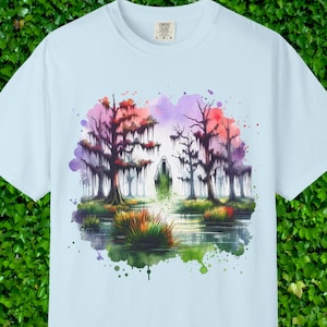 幽霊沼の水彩画Tシャツ、ゴーストTシャツ、ハロウィンアパレル、不気味な幽霊、怖いデザイン、スクービー・ドゥーの悪役、父の日