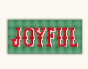 Può includere: Un disegno a punto croce rettangolare con la parola "JOYFUL" in lettere rosse pixelate. Le lettere sono su uno sfondo verde, incorniciate da un bordo bianco, e il testo è di "PIN & PATTERN NEEDLEPOINT DESIGNS".