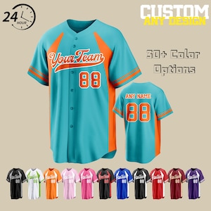 May include: A turquoise baseball jersey with orange accents, featuring the text "Your Team" and the number "88". The image also shows a back view of the jersey with "ANY NAME" and "88". Additional color options are displayed below.