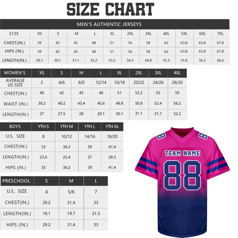 May include: Size chart for jerseys with measurements in inches for chest, hips, and length. The chart includes sizes for men, women, youth, and preschool. A pink and blue jersey with the number 88 and the text "Team Name" is shown.