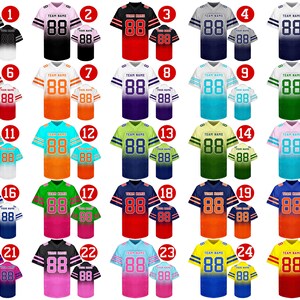 May include: Twenty-five different designs of sublimated football jerseys with a gradient color scheme. Each jersey has a number 88 on the front and a smaller number 88 on the back. The jerseys are in various colors, including red, blue, green, orange, pink, yellow, and white.