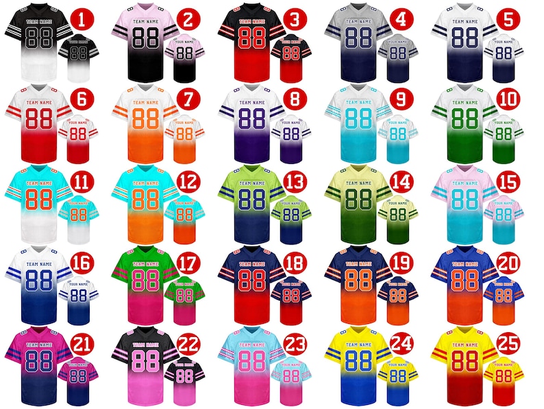 May include: Twenty-five different designs of sublimated football jerseys with a gradient color scheme. Each jersey has a number 88 on the front and a smaller number 88 on the back. The jerseys are in various colors, including red, blue, green, orange, pink, yellow, and white.