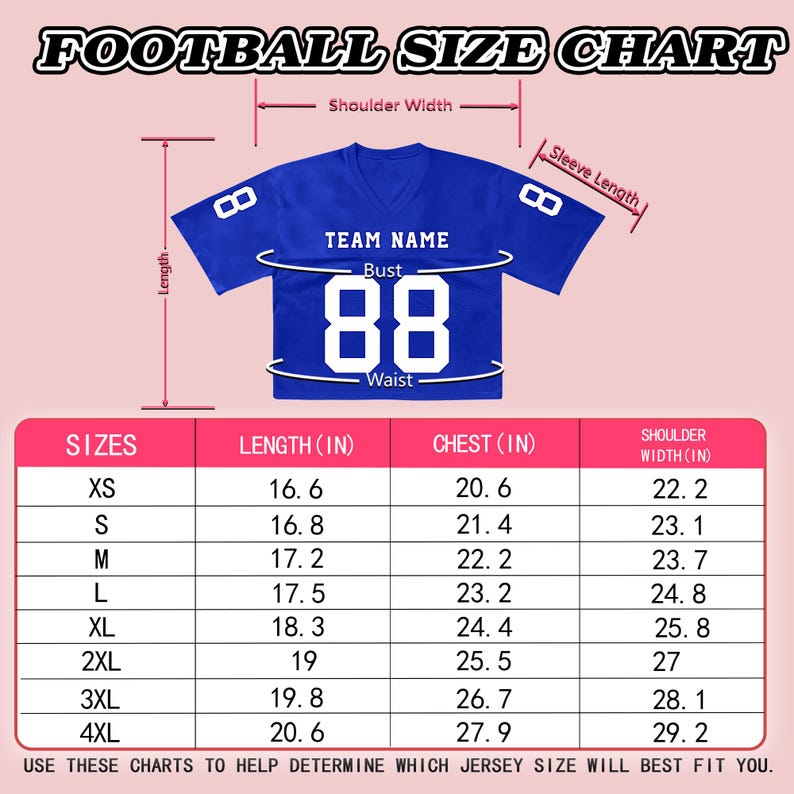 K&ouml;nnte beinhalten: Eine Gr&ouml;&szlig;entabelle f&uuml;r blaue Football-Trikots mit einem V-Ausschnitt-Shirt, das die Nummer 88 auf der Vorderseite und den &Auml;rmeln zeigt. Die Grafik enth&auml;lt Beschriftungen f&uuml;r Schulterbreite, &Auml;rmell&auml;nge, L&auml;nge, Brustumfang und Taille in Zoll.