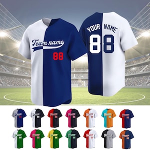 May include: A baseball jersey with a split design. One side is white with the text "Team name" in a blue and red arc. The other side is blue with the number "88" in red. The back of the jersey is white with the text "YOUR NAME" and the number "88" in blue. The jersey is shown in multiple color variations.
