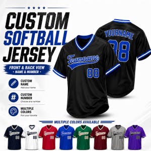 May include: Black custom softball jersey with blue detailing, displaying "Teamname" and the number "88". The jersey has a V-neck and white stripes on the sleeves. The image also shows the back of the jersey with "YOURNAME" and "88". Multiple colour options are available.