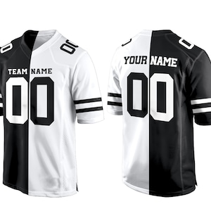 May include: Black and white football jersey with a split design. The left side is white with black stripes on the sleeves and a black number "00" with the text "TEAM NAME" above it. The right side is black with white stripes on the sleeves and a white number "00" with the text "YOUR NAME" above it.