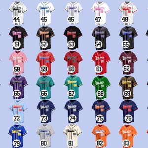 May include: A collection of baseball jerseys in various colors, each with a team name, number, and short sleeves. The jerseys are displayed against a light blue background, showcasing a range of designs and styles.