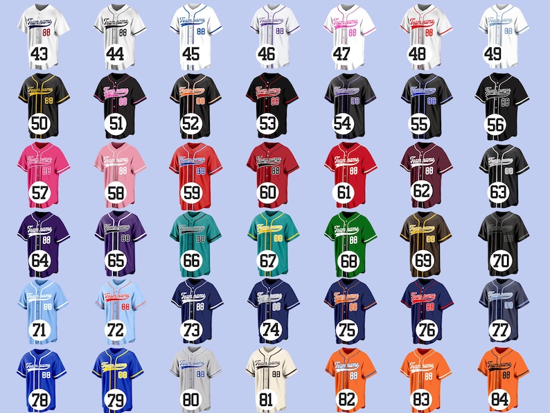 May include: A collection of baseball jerseys in various colors, each with a team name, number, and short sleeves. The jerseys are displayed against a light blue background, showcasing a range of designs and styles.