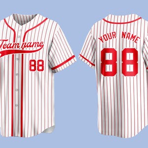 May include: White baseball jersey with red pinstripes, featuring the text "Team name" and the number "88" on the front. The back displays "YOUR NAME" and the number "88". The jersey has red accents on the collar and sleeves.