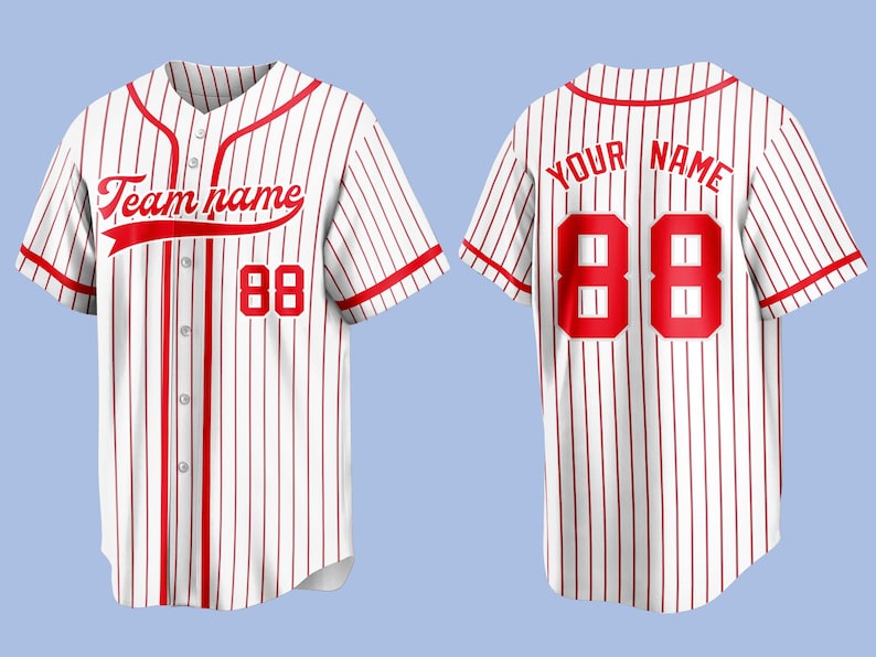 May include: White baseball jersey with red pinstripes, featuring the text "Team name" and the number "88" on the front. The back displays "YOUR NAME" and the number "88". The jersey has red accents on the collar and sleeves.