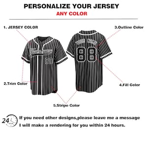 May include: Image showing front and back views of a customizable baseball jersey. The jersey is black with white pinstripes and trim. The text "Team name" and the number "88" are displayed on the front. The back shows "YOUR NAME" and "88".