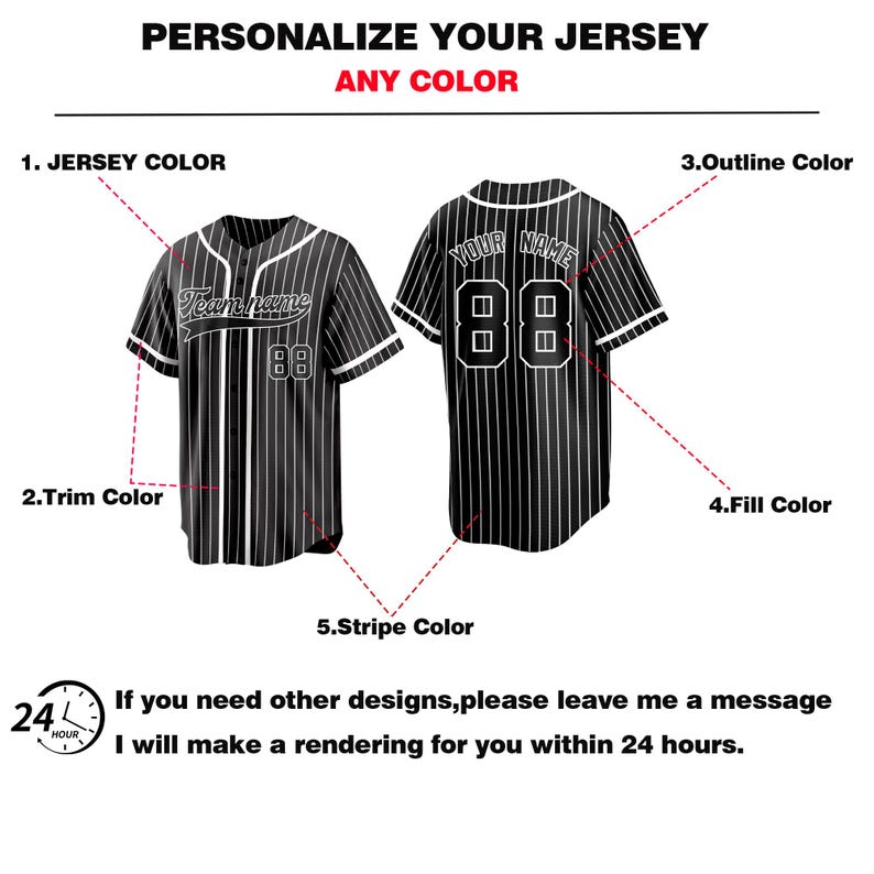 May include: Image showing front and back views of a customizable baseball jersey. The jersey is black with white pinstripes and trim. The text "Team name" and the number "88" are displayed on the front. The back shows "YOUR NAME" and "88".