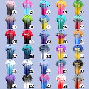 May include: A collection of baseball jerseys in various colors, each with a number "88" on the chest. The jerseys feature a two-tone design with contrasting sleeves and body colors. The text "Team Name" is printed on the front.