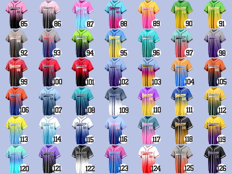 May include: A collection of baseball jerseys in various colors, each with a number "88" on the chest. The jerseys feature a two-tone design with contrasting sleeves and body colors. The text "Team Name" is printed on the front.