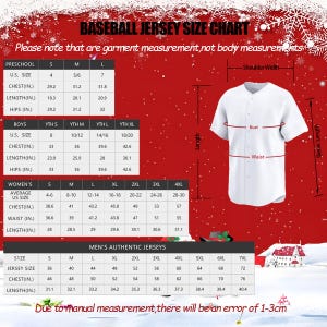 May include: Baseball jersey size chart with measurements for preschool, boys, women's, and men's authentic jerseys. Includes chest, waist, and length measurements in inches. The chart also shows average US sizes and jersey sizes.